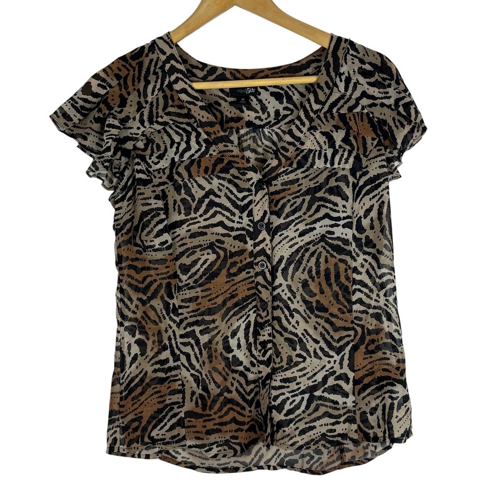 East 5th Leopard Print Sheer Blouse Short Sleeve Button Up Top Ruffles M